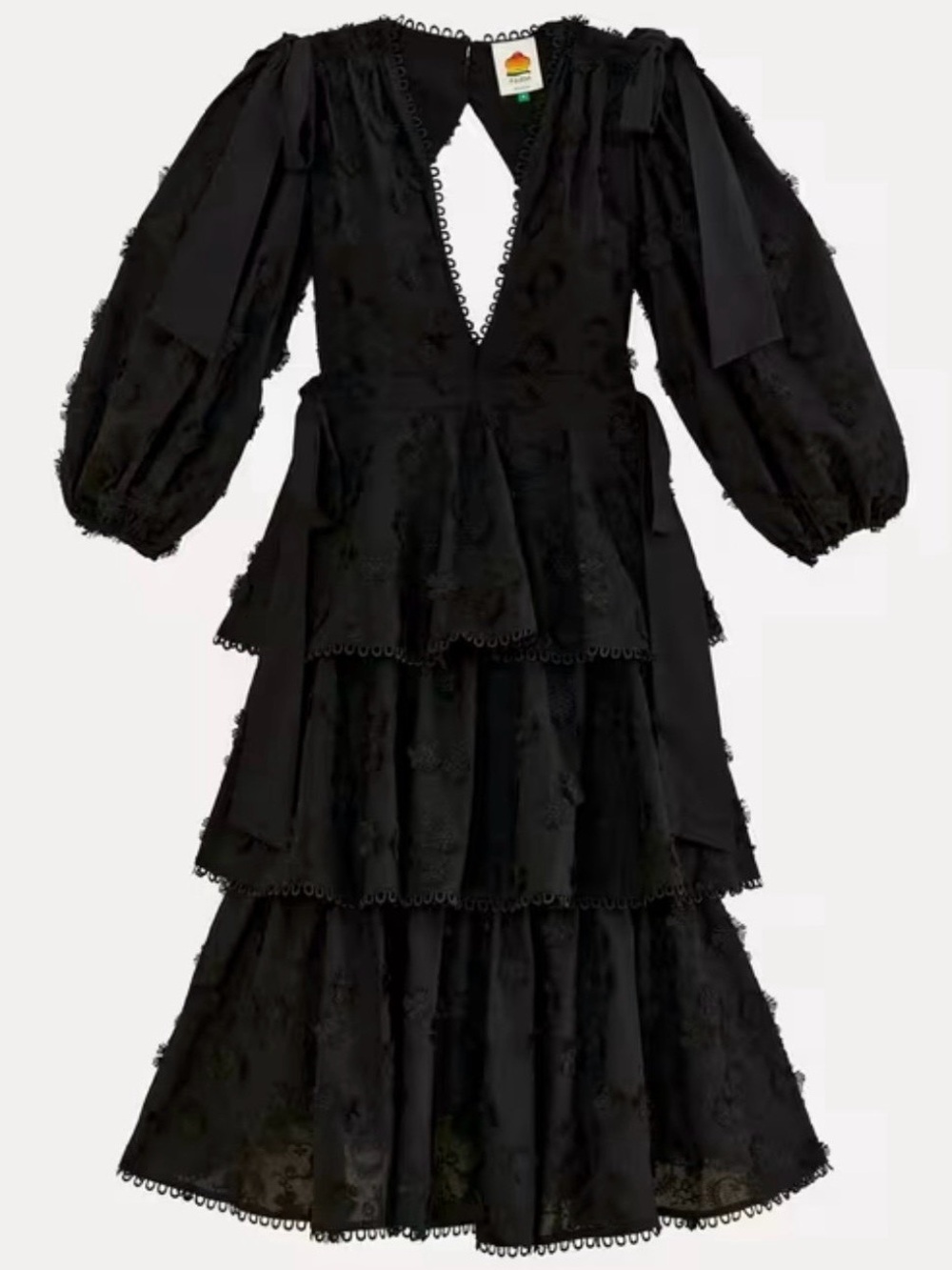 FARM RIO Black Flowers Textured Tiered Ruffle Midi-Dress Sz S Victorian Prairie - Picture 1 of 16